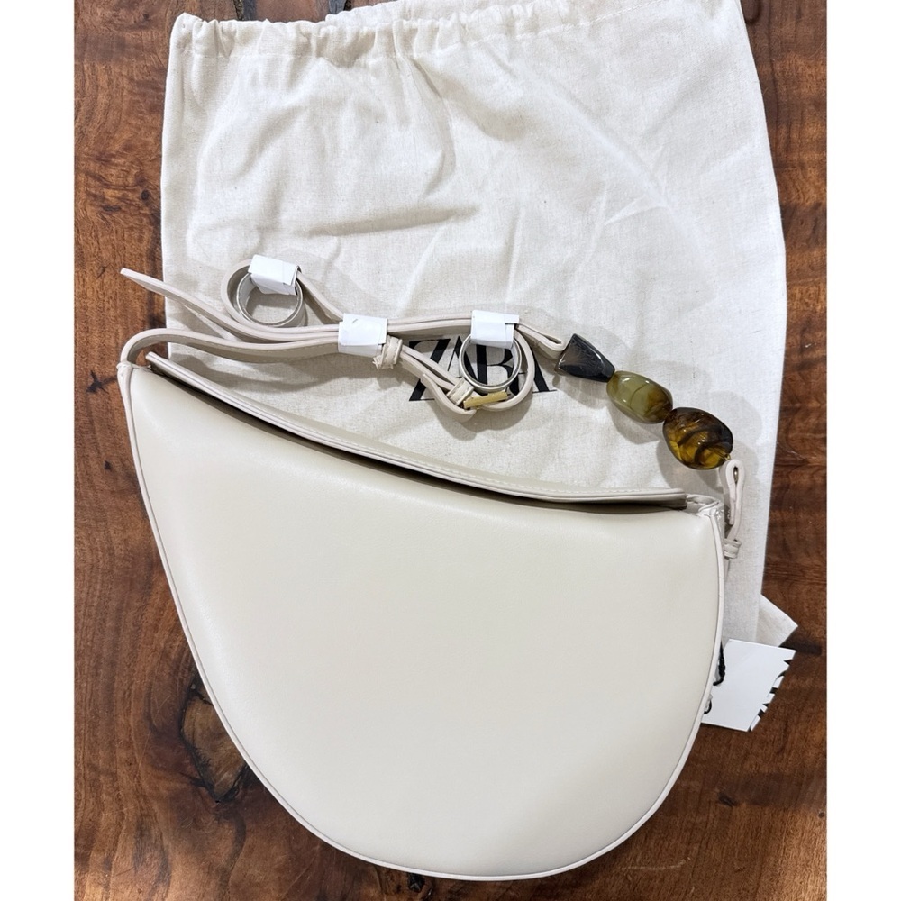 NWT ZARA Ecru Crescent Asymmetrical Large Jewel Stones Handbag Crossbody Purse - Picture 4 of 14